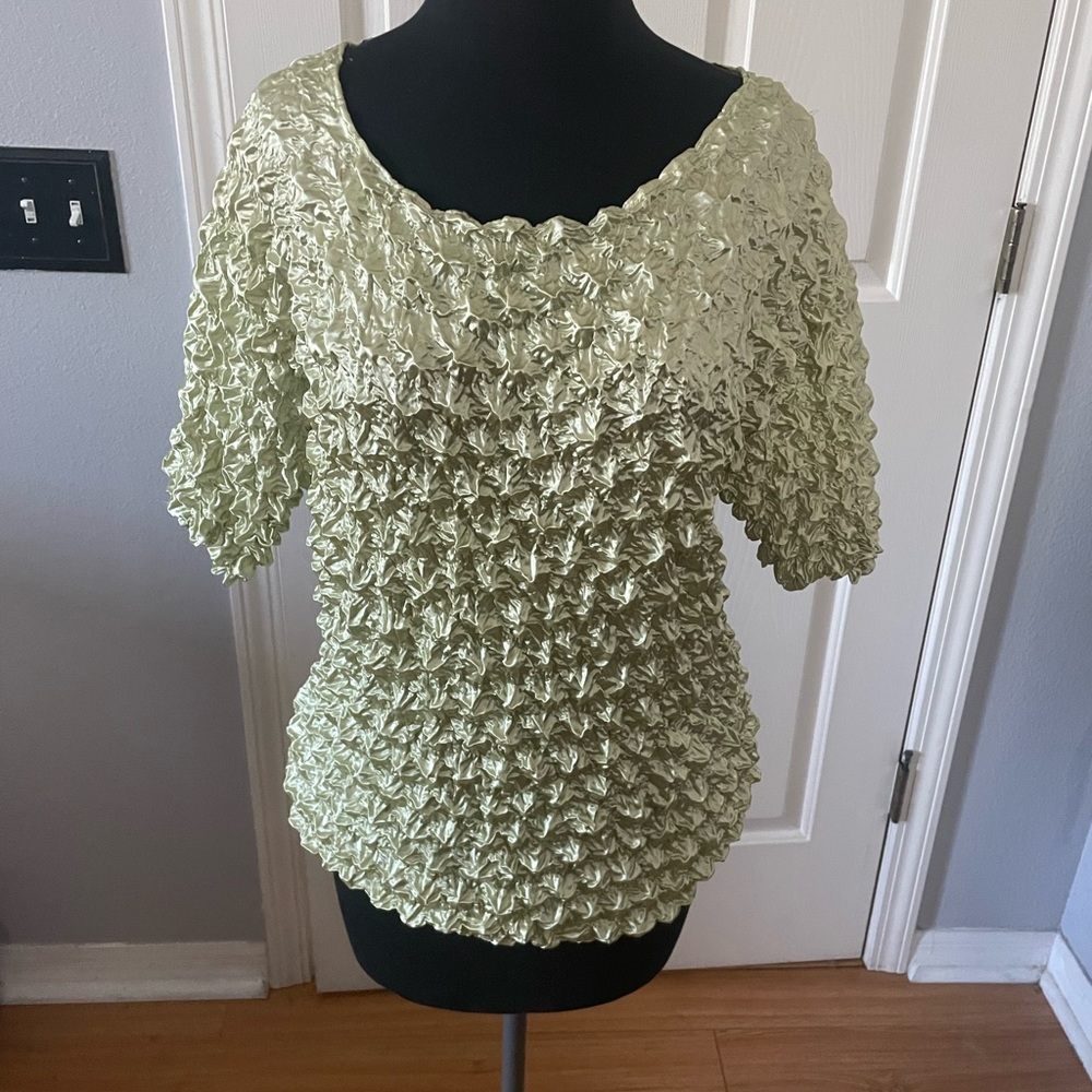 FC Womens Blouse Green Silver Short Sleeve Scoop Neck Stretch Crinkle Plisse Lge